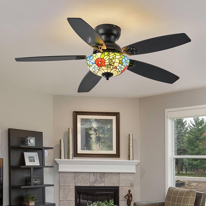 Tiffany Ceiling Fans with Lights-48"Ceiling Fan Chandelier and Glass Shade | 48" Ceiling Fan Chandelier with 5 Dual-Blades and Glass Shade, 6 Speeds and Reversible, Indoor and Outdoor, Retro Style