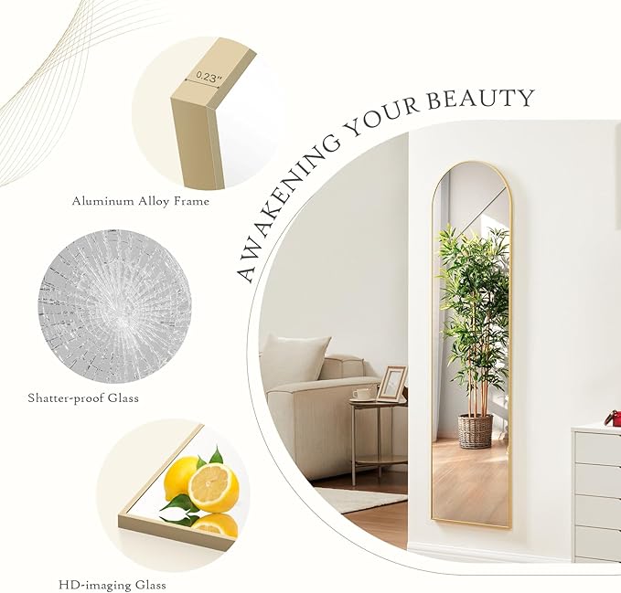Arched Mirror Full Length, Upgraded 16"x59" Body Wall Mirrors with Shatter-Proof Glass, Floor Standing, Hanging or Leaning, Tall Arch Mirror with Stand Aluminum Alloy Frame for Bedroom Cloakroom