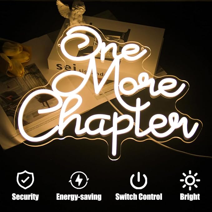 One More Chapter Neon Sign Read Books Neon Light for Reading Room Decor | Dimmable Letter Neon Lights for Bedroom, Acrylic Book Wall Art, USB Powered, Library Bookstore Classroom Decor, Bookish Gifts