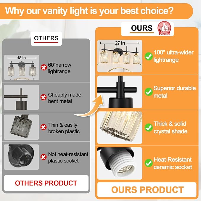 Matte Black 4-Light Crystal Bathroom Vanity Light, Modern Bathroom Light Fixture Over Mirror, Black Vanity Lighting for Bathroom, Bulbs Not Included