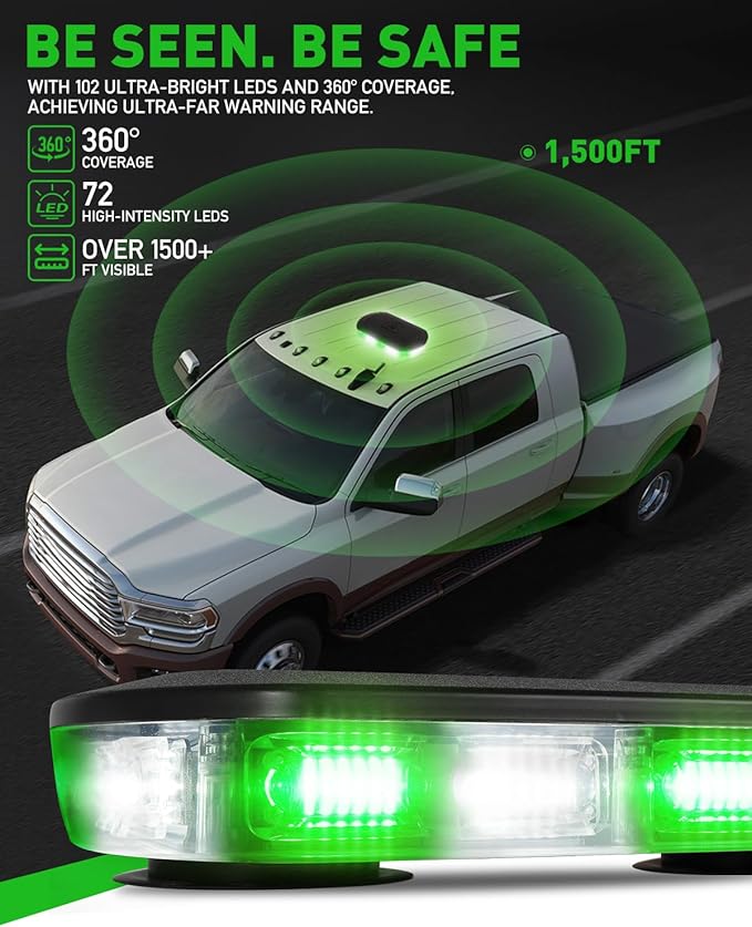 HLauto 700A Rooftop Emergency Strobe Lights Bar, 72 LED Green White Mini Beacon Safety Flashing Warning Traffic Lights Bar w/Magnetic Base for 12-24V Trucks, Construction Vehicles, Snowplow, Cars