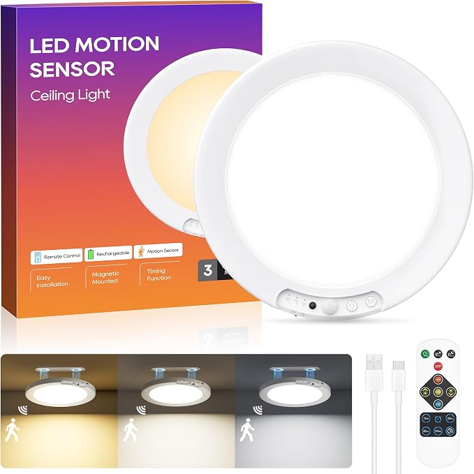 Rechargeable Motion Sensor Ceiling Light, 8000mAh Battery Operated Ceiling Lights with Remote, Magnetic Wireless Closet Light, 3 Color Dimmable LED Shower Lights for Closet Pantry Shed Hallway Patio