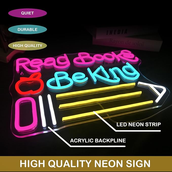 Read Books Be Kind Neon Sign Adjustable Brightness Student LED Neon Light Light Up Colorful Neon Sign Suitable for Classroom Study Room Library Bookstore