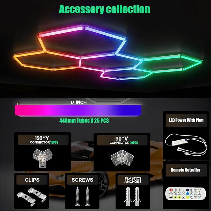25Pack RGB 5 Hexagon LED Garage Lights-Music Sync Color Changing,App & Remote Control,358 Modes DIY Honeycomb Light for Gaming Room,Gym,Garage