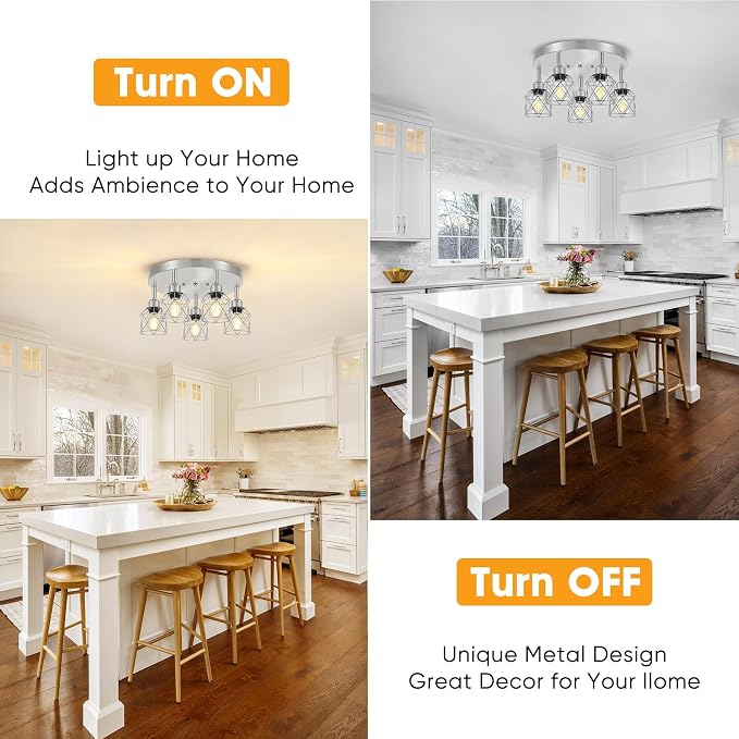 Baocuz 5-Light Kitchen Light Fixtures, Silver Adjustable Semi Flush Mount Ceiling Light with E26 Base, Multi-Directional Track Ceiling Lighting for Hallway, Dining Room, Entryway