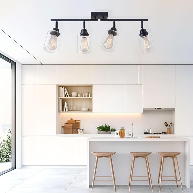 4-Light Black Ceiling Track Lighting E26 Clear Glass Light Fixture | Black metal 4 adjustable heads, clear glass semi flush mount E26 track light for kitchen, bathroom, living room