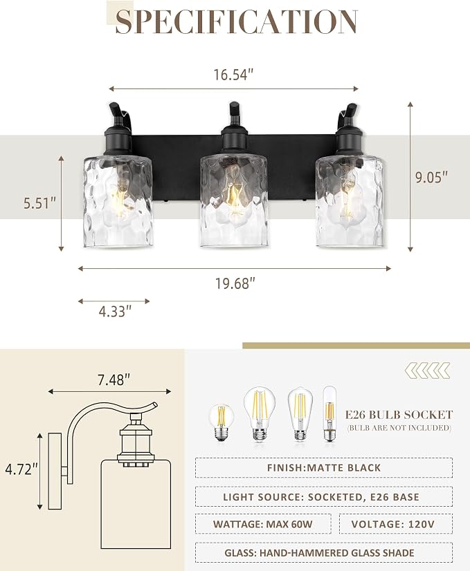 3-Light 20 Inch Bathroom Vanity Light,Hammered Glass,Black | Over Mirror Wall Light,E26 sockets,for bathroom mirror,powder room,dressing area,wall-mounted vanity lighting