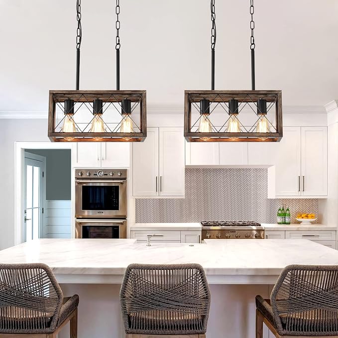KEESFU 3-Light Farmhouse Light Fixtures, Dining Room Light Fixture | Farmhouse Kitchen Light Fixtures for Kitchen Island, Over Sink & Dining Table; Adjustable Height, Wood Grain Color;E26 Base