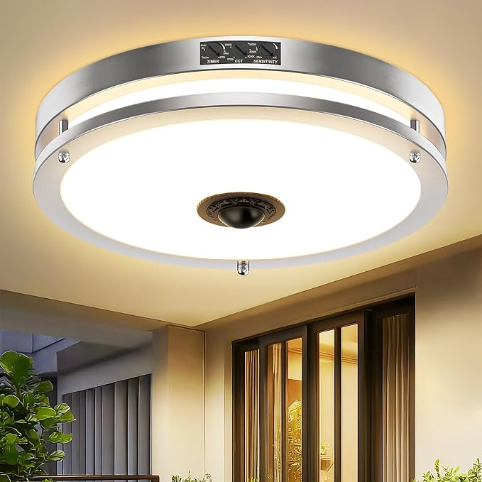 12" Nickle LED Motion Sensor Outdoor Ceiling Light, 5CCT, 24W | Dusk to Dawn, 2700K/3000K/3500K/4000K/5000K Dimmable, 4 Lighting Modes, Flush Mount Ceiling Light for Entryway, Garage