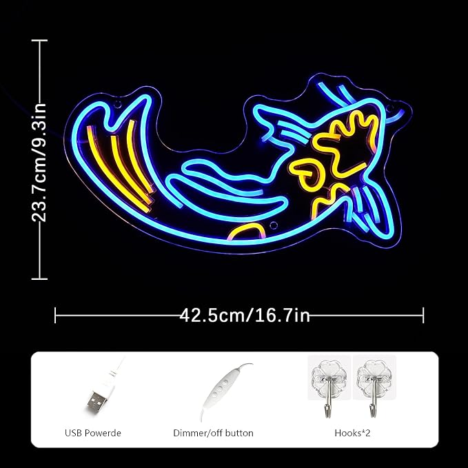 Koi Fish Neon Sign Japanese Fish Led Neon Blue Yellow Fish Neon Signs for Wall Decor 17”x9.5”with USB/Switch Dimmable Neon Light Signs for Bar Office Fishroom Kitchen Aarea Koi Pond