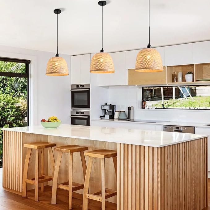 3-Pack Bamboo Pendant Light Mini Rattan Chandelier | 9.8" Boho Bamboo Rattan Pendant Lights,Hand Woven Rattan Chandelier for Kitchen Island Dining Bedroom Living Room