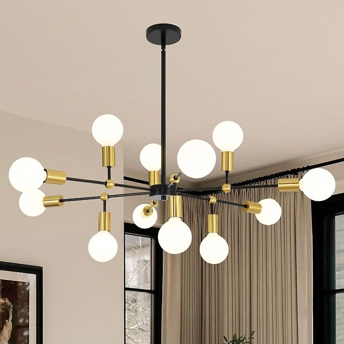 Modern Chandeliers for Dining Room with 12-Lights Adjustable Height Black and Gold Pendant Lights Kitchen Island Sputnik Chandelier for Living Room Bedroom Foyer Entryway