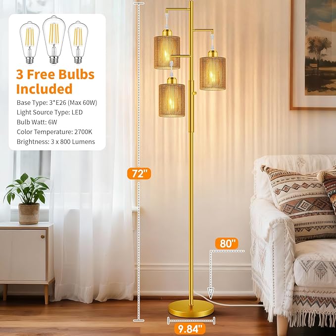 Hotsonic 72" Rattan Boho Floor Lamp, Tall Dimmable Standing Lamp with Handcrafted Beige Shade, Industrial Tree Floor Lamps for Living Room, Bedroom, Study Room, Office(3x800LM LED Bulbs Included)-Gold
