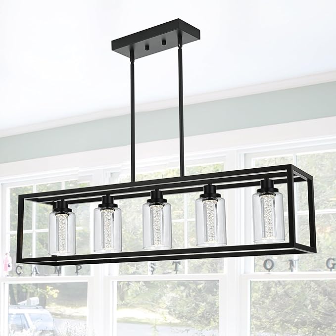 MELUCEE Dining Room Light Fixtures Over Table, 5 Light Black Kitchen Island Lighting LED Pendant Light, Linear Bubble Crystal Chandelier with Clear Glass, Built in LED chips 5-Color Temperature Adjust