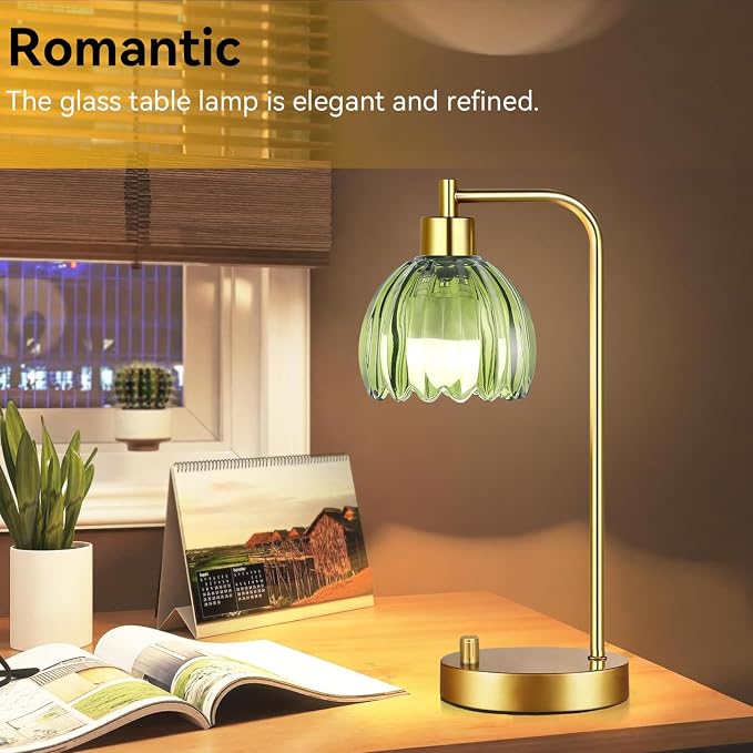 ILLMTW Green Table Lamp Set of 2,Small Glass Bedside Lamps Dimmable Boho Bedroom Lamp with Tulip Flower Lamp Shade,Gold Vintage Mid Century Modern Mini Nightstand Lamp for Bedroom Living Room