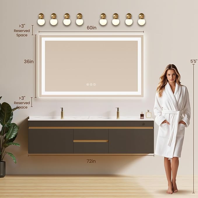 60x36 LED Bathroom Mirror with Anti-Fog, Backlit & Front Lit, Memory | Stepless Dimmable 3 Color CRI 95+ Shatterproof Tempered Glass ETL Listed for Safety Lighted Bathroom Vanity Mirror for Wall