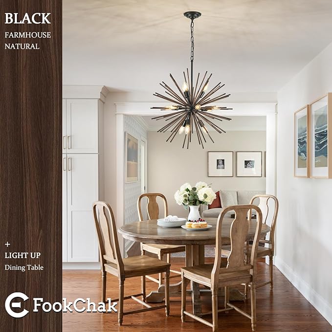 Black Wood Sputnik Chandeliers 12 Light Starburst Chandelier Light Fixture Solid Wood Farmhouse Satellite Light Fixture for Dining Room Bathroom Entryway Kitchen Island Bedroom 24in