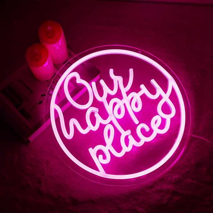 Our Happy Place Neon Sign Happy Place Neon Signs for Wall Decor，LED Signs for Bedroom Living Room Man Cave Home Bar Birthday Party Game Zone Decor Neon Classroom Signs