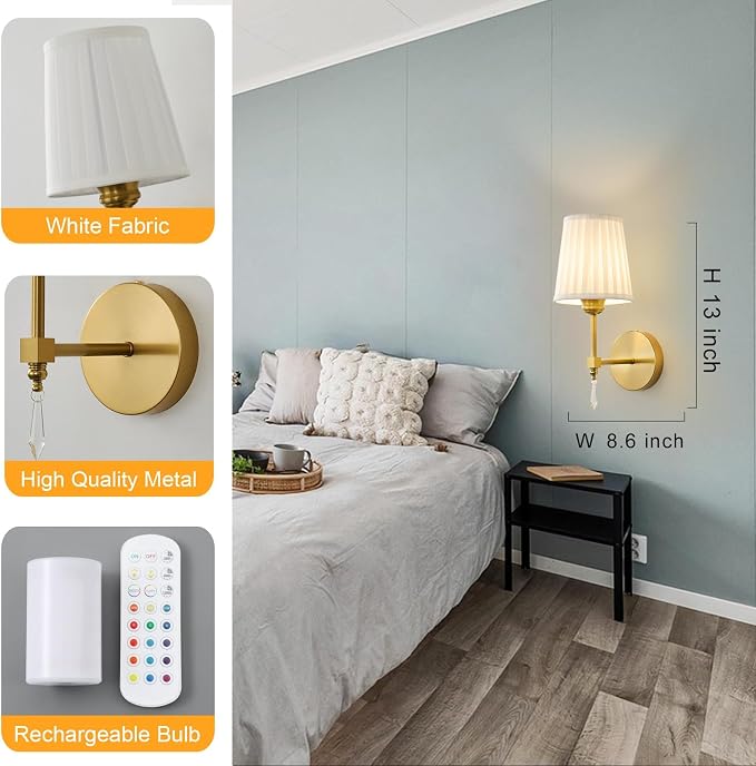 Battery Operated Wall Sconce Set of 2, 10000 Mah Rechargeable Wall Sconces Dimmable 12 RGBS,Remote Wireless Sconces,Gold Sconces Wall Decor Set of 2 Fabric,Cordless Wall Lamp for Bedroom,Living Room