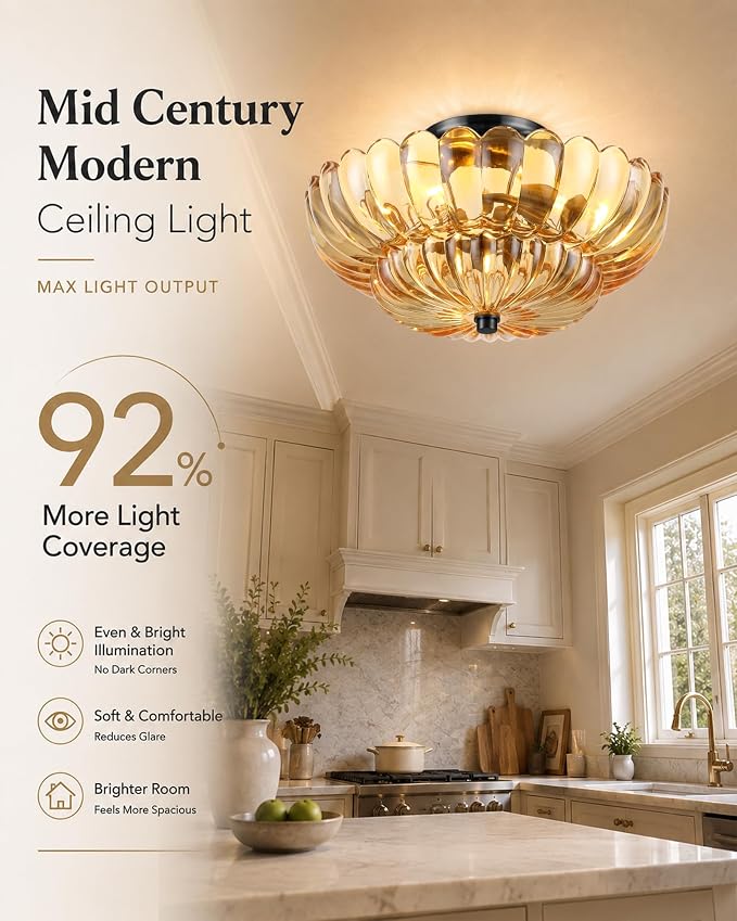 Semi Flush Mount Ceiling Light Fixture 14" Vinatge Black Ceiling Lights Mid Century Modern Glass Close to Ceiling Lighting Fixtures for Bedroom Hallway Kitchen Laundry Room Bathroom Foyer