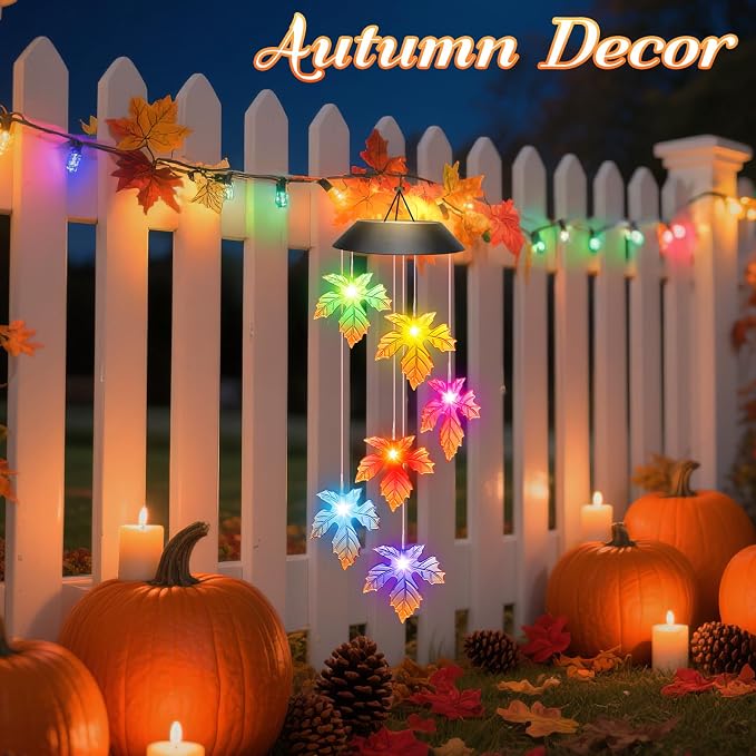 Winzwon Fall Decor Thanksgiving Decorations Solar Lights Wind Chimes | Hanging Maple Leafed Halloween Autumn Decorations, Birthday Gifts for Women, Outside Garden Yard Patio Porch Decor