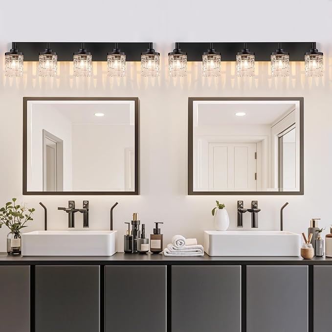 maesta Black Bathroom Light Fixture,5 Light Modern Vanity Light Over Mirror | Modern Vanity Light, Black Metal & Crystal Glass Fixture, Anti-Rust, Easy to Install for Bathroom Hallway Bedroom Entryway