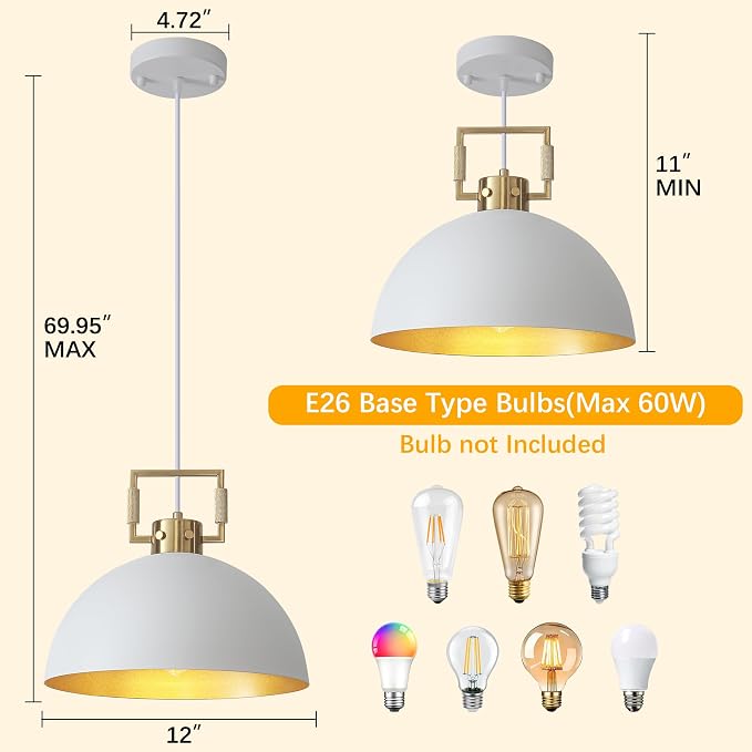 12'' Farmhouse Pendant Light 2 Pack White and Gold for Kitchen Island, Dome Industrial Metal Hanging Lighting Fixtures, Adjustable Height Dining Room Chandelier for Hallway and Foyer