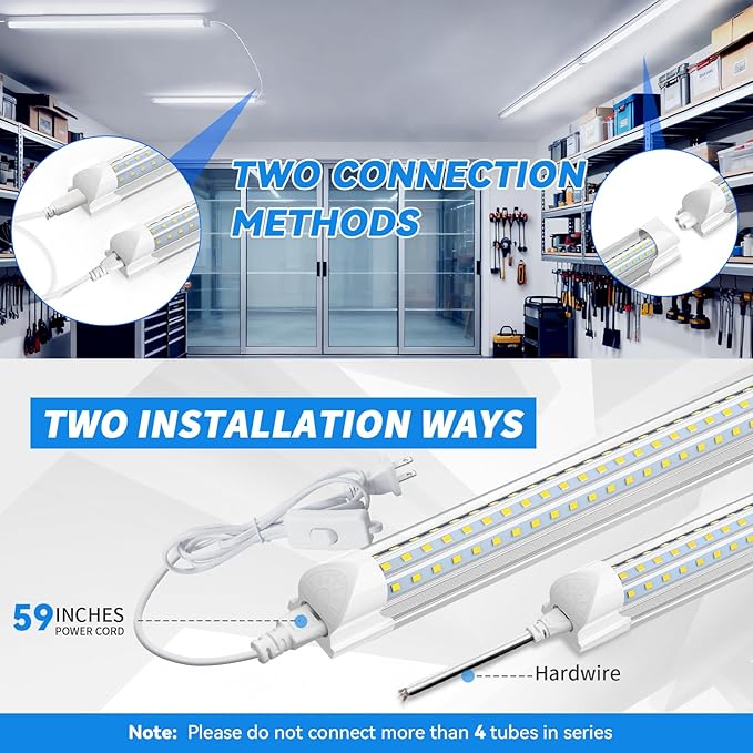 CNSUNWAY 4FT LED Shop Lights, 50W 7500LM D Shape, ETL Listed 10 Pack | 6500K Daylight White, plug-and-play T8 integrated design with clear cover and linkable setup for garages and workshops.