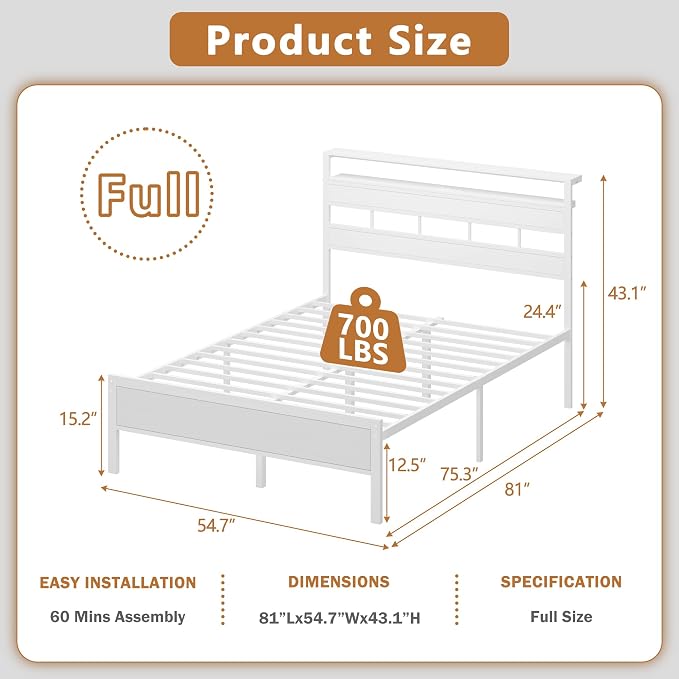 Full Size Bed Frame White, Storage Headboard, LED Lights & Charger | 2-Tier Wood Shelves,12 Metal Slats,Noise-Free,No Box Spring,12.6" Under-Bed Storage,USB & Type-C Ports,Easy Assembly,700lbs.
