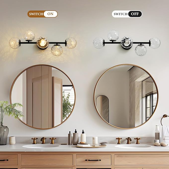 Black 5-Light LED Modern Hammered Glass Globe Bathroom Vanity Light | Hammered Glass, Captivating Water-Inspired Glow, Matte Black Finish, Mid Century Modern Design, Integrated LED Light Source