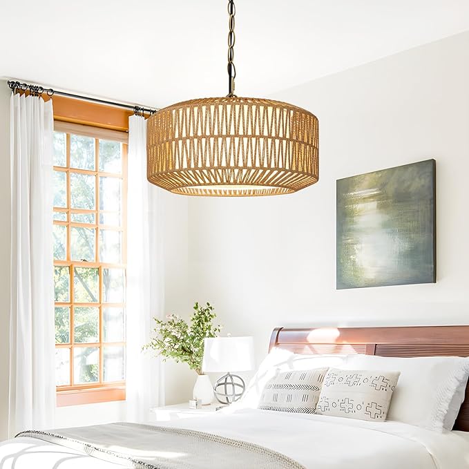 Farmhouse Chandelier Light Fixture, 5-Light Rattan Boho Chandeliers for Dining Room, Hand Woven Pendant Light with Linen Shade, Rustic Hanging Lighting for Kitchen Island, Bedroom (Bulb Not Included)