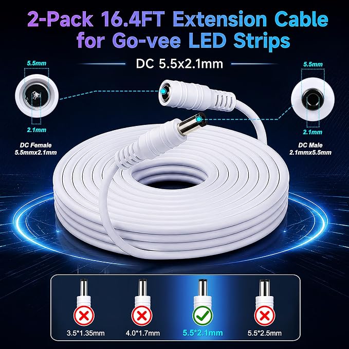 2Pack 16.4FT DC Power Extension Cable for Govee LED Strip Lights,Home Decor | Compatible for Govee Smart LED Lights ‎H617A H618F H6168 H6169 H61E5 H61B8 H61B5 for Bedroom,Lving Room,College Dorm Room