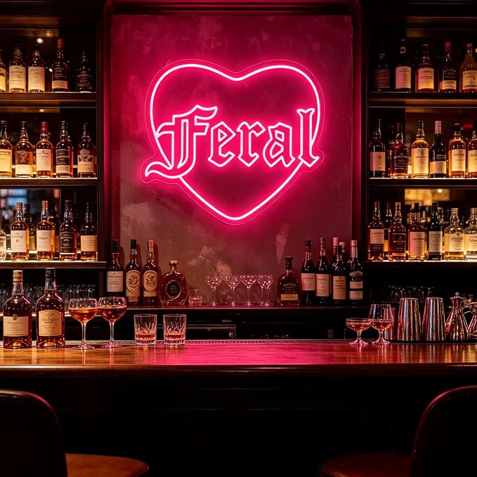 Feral Heart Neon Sign Pink LED Neon Light for Wall Decor USB Powered Gothic Neon Sign for Bedroom Bar Party Tattoo Studio Bachelorette Trendy Wall Art Halloween Decoration Goth Lover Gifts
