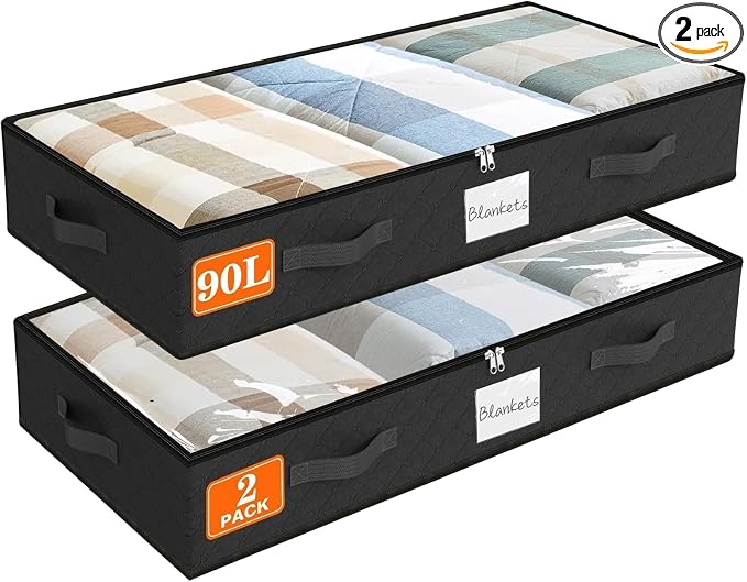 90L Under Bed Storage Containers, Storage Bags, Organizers, 2-Pack, Black | Foldable, Soft Fabric, Closet Organizers, Reinforced Handle, Label Holder, Clear Window, for Comforters, Clothing, Blankets