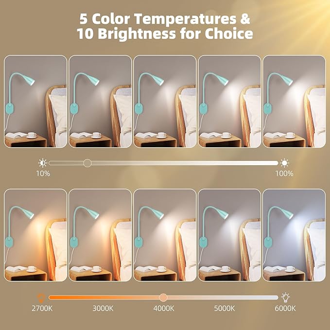 LED Wall Mounted Bedside Reading Light, 3 Color Modes,10 Brightness Dimmable, USB Charging Port, Adhesive Wall Lamp Night Light for Books in Bed, Flexible Neck Eye-Caring Bedroom Lighting Teal