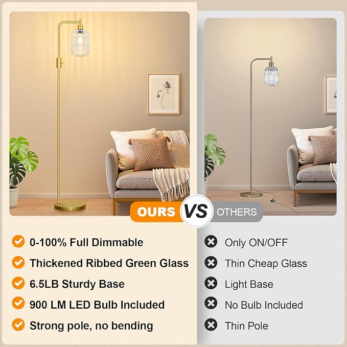 【Upgraded】 Dimmable Floor Lamp for Living Room with Clear Ribbed Glass Lampshade, Gold Modern Floor Lamp with 900LM LED Bulb Included, Arc Standing Tall Lamp for Bedroom, Office, Reading Room, Corner