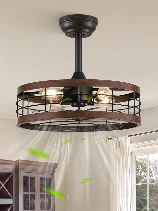 LEDIARY 18 inch Caged Fandelier Ceiling Fan Light with Remote, Walnut | 6 Speed Adjustable,Timing, Quiet & Powerful DC, Small, Farmhouse, Industrial, Enclosed, Bladeless, Bedroom, Kitchen, Downrod