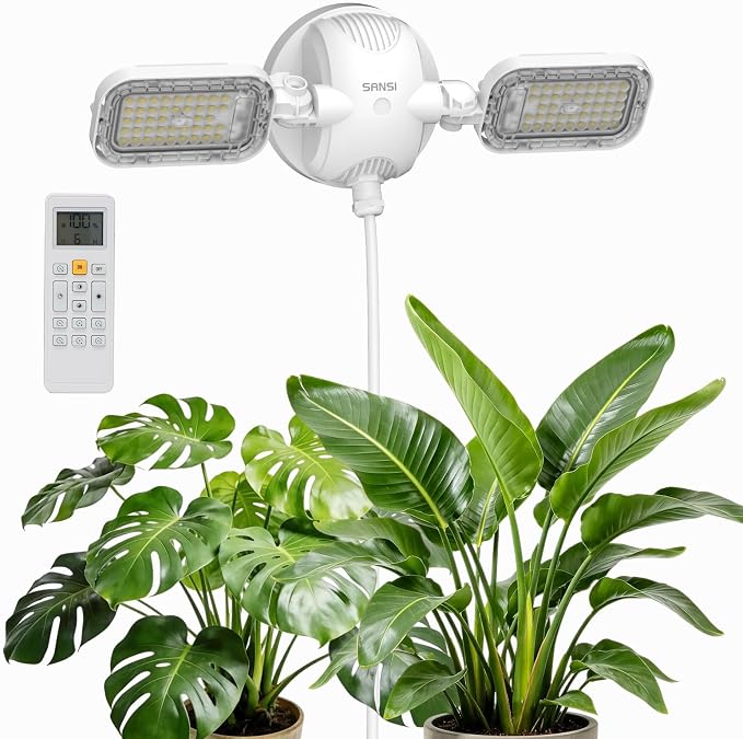 SANSI Wall Mounted Grow Light, 60W Dual Head Full Spectrum with Remote | 320° Wide Coverage, Programmable Timer, 4-Level Dimmable Brightness, 4000K Natural Light, IP54 Waterproof, for Indoor Plants