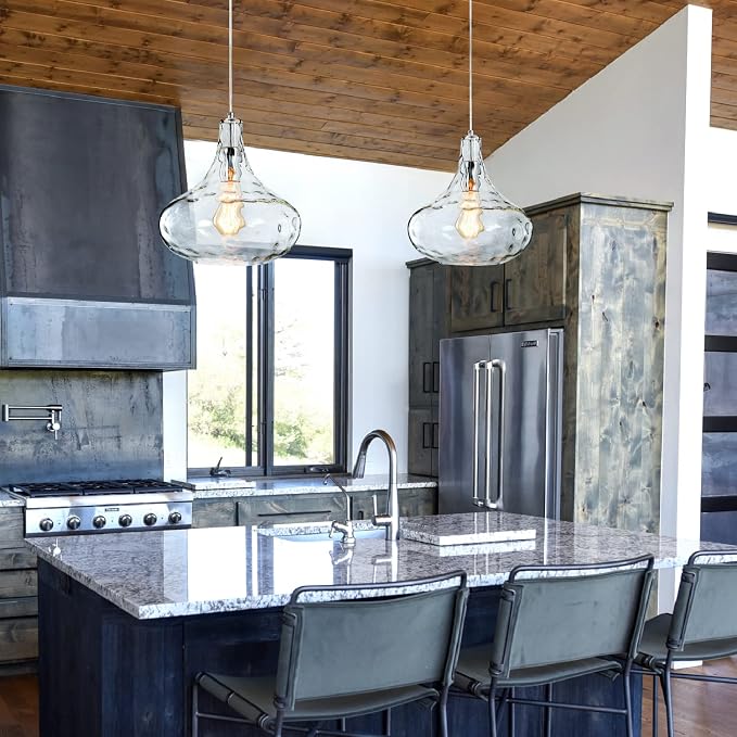 Hammered Glass Pendant Light, 11" Handblown Shade, Chrome Finish, Adjustable Hanging Cord, Vintage Ceiling Light for Kitchen Island, Dining Room, Hallway | Adjustable hanging cord, compatible with E26 bulbs, vintage pendant lighting for kitchen island,...