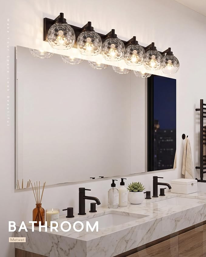 6-Light Black Bathroom Vanity Light, Hammered Glass Globe Shade | 38 Inch matte black modern bathroom light fixture over mirror, UL listed, E26 bulbs, hardwired, upward only, VL200-MB-CL-6
