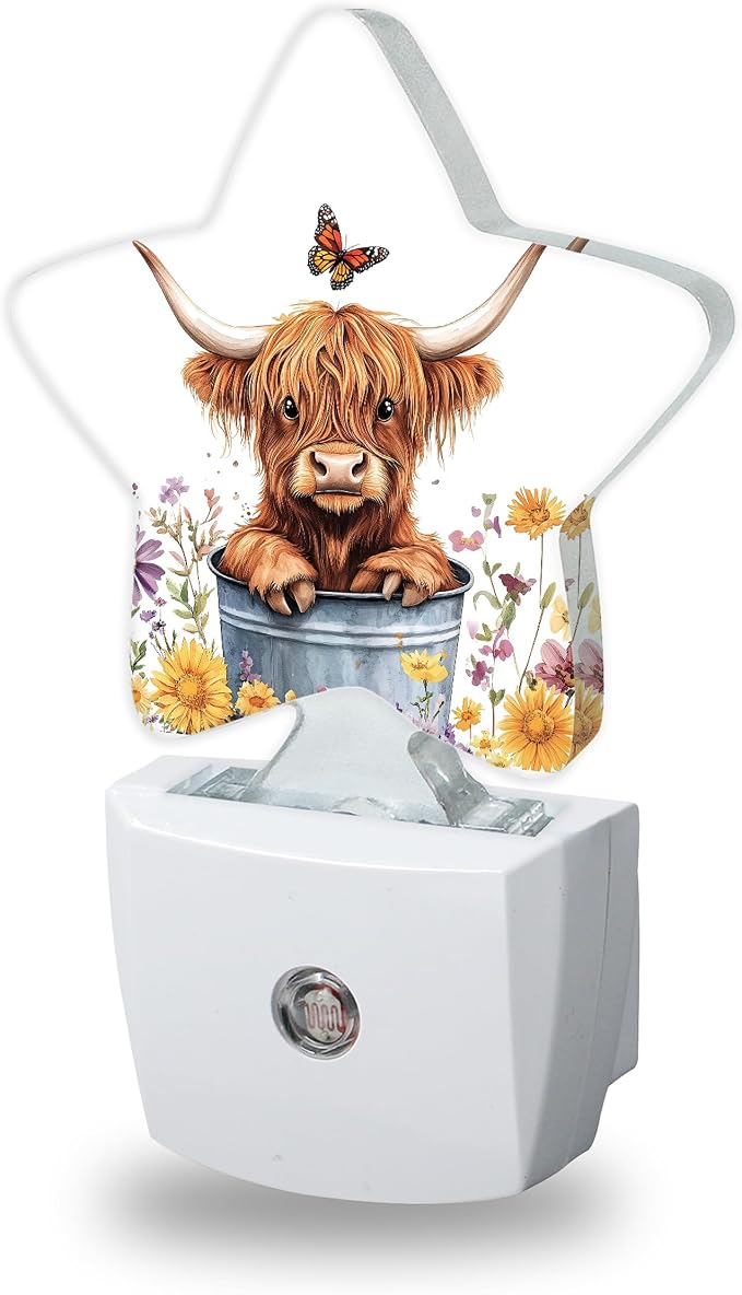Night Light,Highland Cow Night Lights Plug into Wall Butterfly Flowers Decorations for Bedroom Bathroom,Dusk to Dawn Sensor Kitchen Hallway Stairs Energy Efficient Desk Lamp