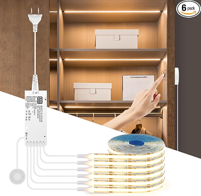 COB LED Strip Lights 12V Penetrable Wood Touch Dimmable LED Under Cabinet Light Kit with 60W Adapter 2M/6.56FT Flexible COB LED Strip for DIY Kitchen,Cabinet,Counter,Shelf,Showcase Decor
