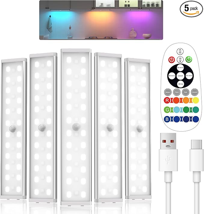 Under Cabinet Lighting,Rechargeable Motion Sensor Light Indoor Night Lights with Remote,58LED RGB under cabinet lights Bar,15Colors Wireless Under Counter Light Closet Lights for Kitchen,5pack