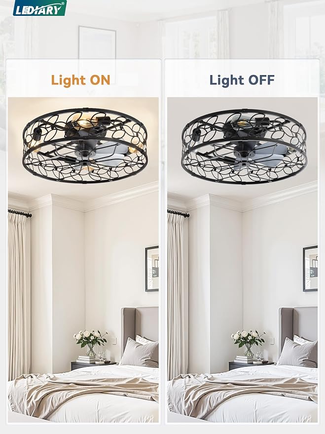 LEDIARY 23" Caged Ceiling Fan with Light, Flush Mount Fandalier with Remote | Low Profile, Farmhouse Large, Bladeless Industrial, Quiet DC Motor, App Control for Bedroom, Kitchen, Dining Room, Black
