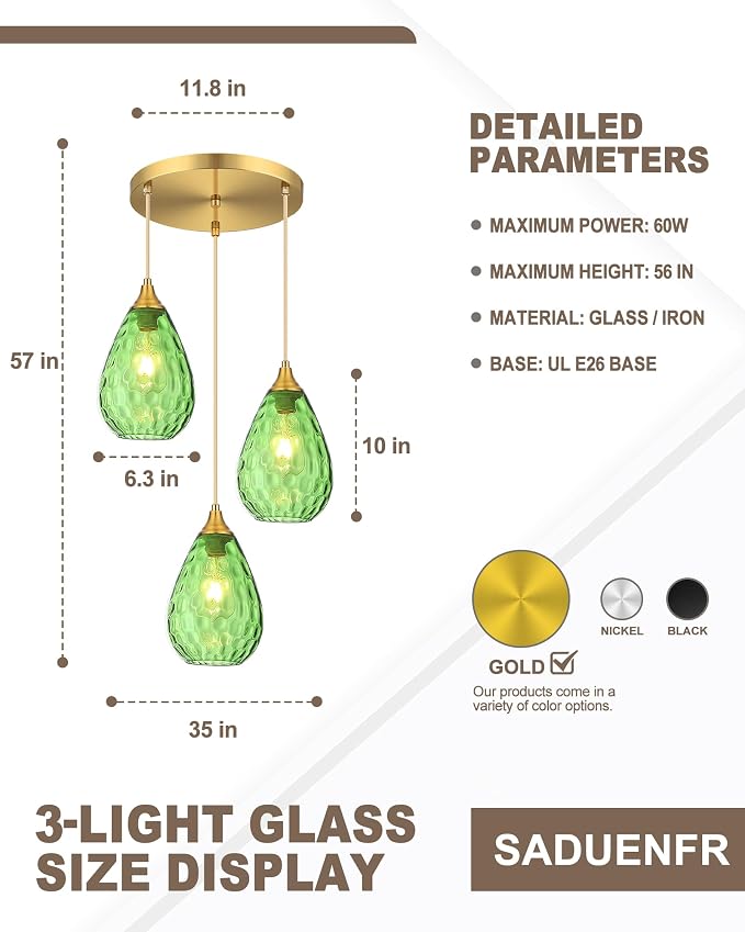 Brushed Gold 3-Light Pendant Lighting, Modern Dining Room Light Fixture Over Table with Green Hammered Glass, Cluster Hanging Lights for Kitchen Island Dining Room