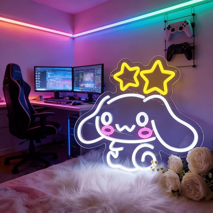Cinnamoroll Neon Sign for Room Decor, USB Powered LED Lights with Dimmable, Japanese Cartoon Dog Neon Signs, Cute Night Light Gifts for Children (14.96"L x 12.99"W)