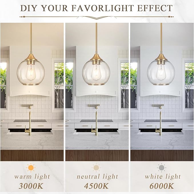 Pendant Lights Kitchen Island,Farmhouse Gold Pendant Light with Clear Glass Globe Shade,6.29" Glass Pendant Light for Brushed Bronze Finish Farmhouse Entryway Dining Room Kitchen Island 2PCS
