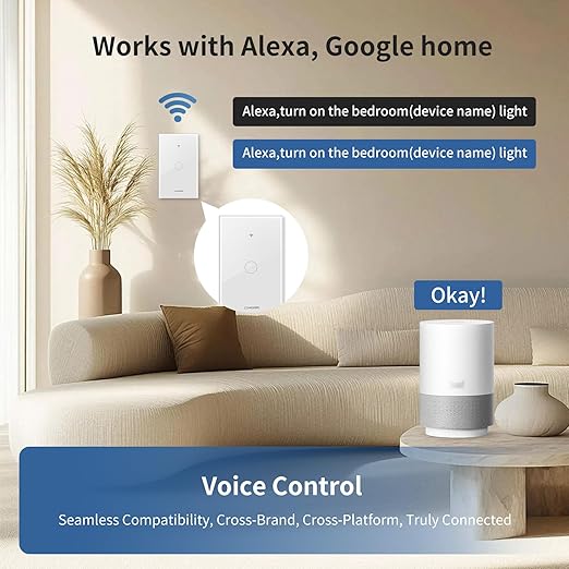 Smart Touch Wall Light Switch with Matter, Tempered-Glass Panel, Neutral Wire Required, Single-Pole, 2.4GHz Wi-Fi, App/Voice Control with Alexa/Google/Apple Home, Timers & Schedules White – 1 Gang