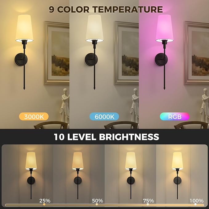 Battery Operated Wall Sconce: Set of 2 Wireless Wall Light 12000mAh | 15 Color Rechargeable Wall Sconces, Sconce Wall Decor Set of 2 for Bedroom, Living Room, Black, 27in