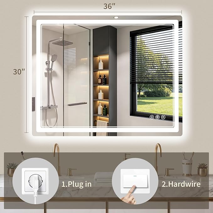 30"x36" LED Bathroom Mirror with Lights, Backlit + Front Lit, Anti-Fog, Lighted Bathroom Mirror for Wall, HD Shatterproof Tempered Glass, Dimmable, Memory Function (Horizontal/Vertical)